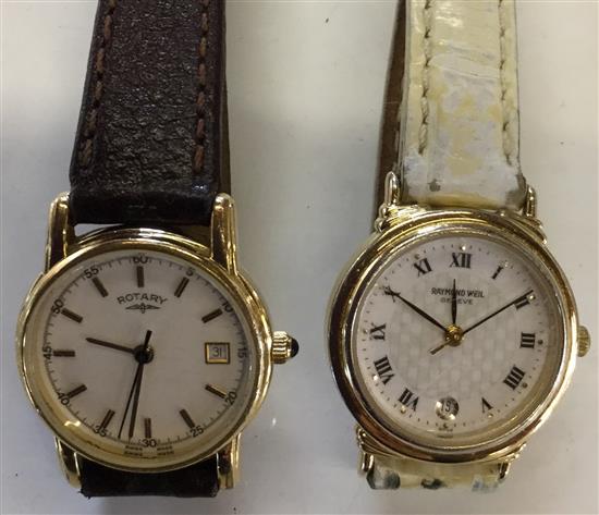 Rotary gold-plated ladies wristwatch, on leather strap & a similar watch by Raymond Weil(-)